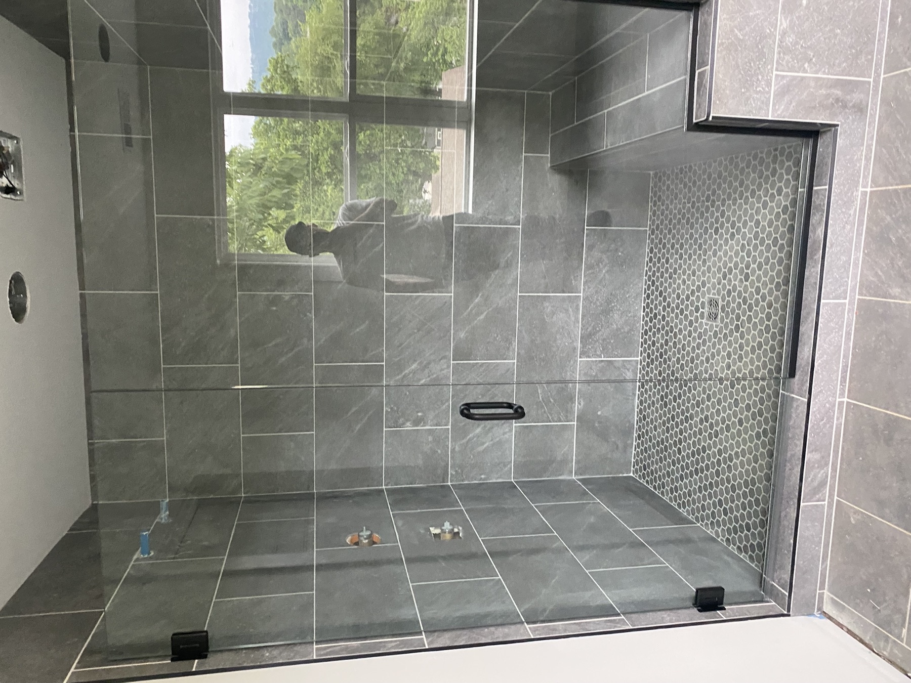 Walk-in shower · charcoal tile & hex mosaic
