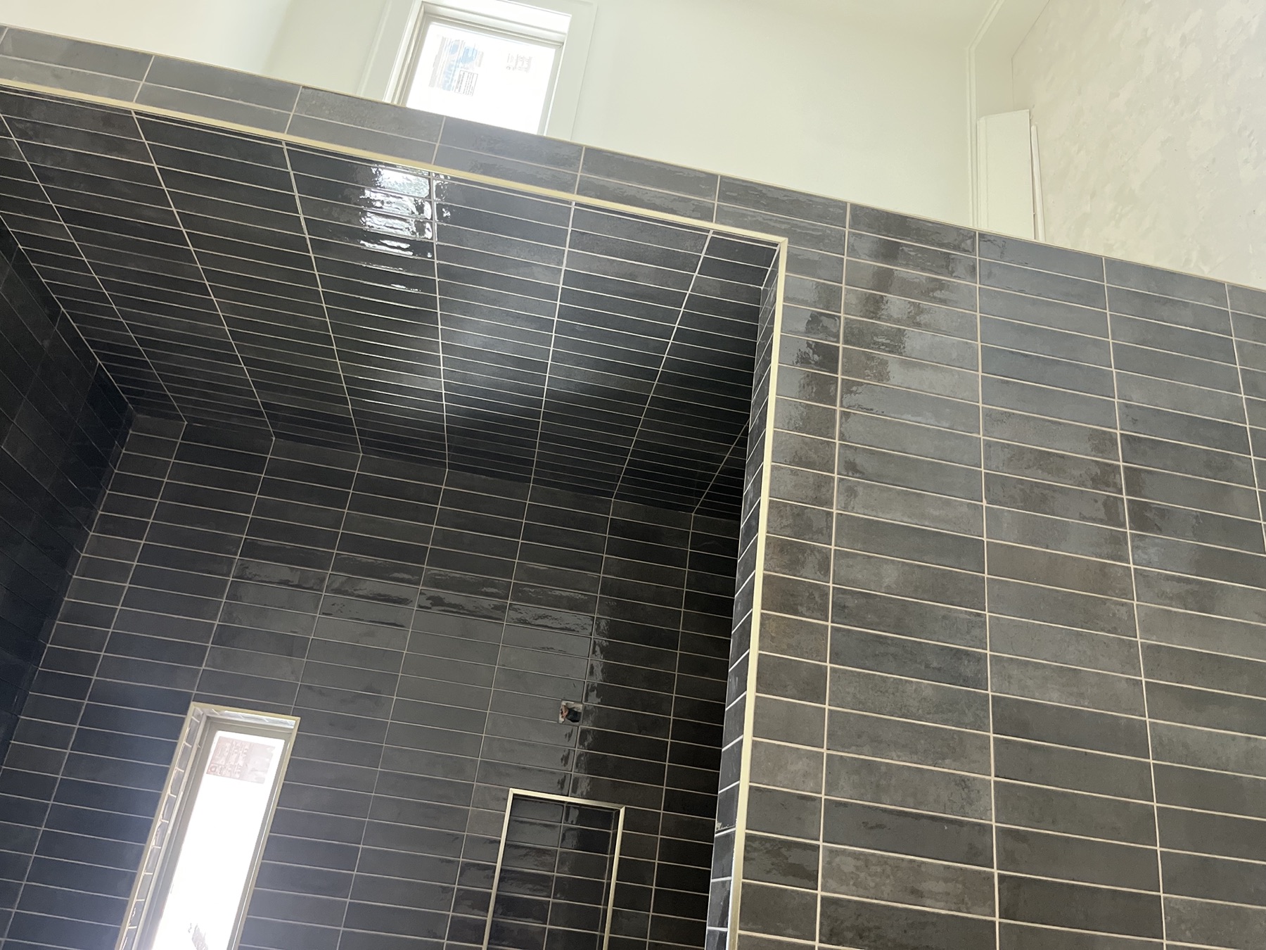 Walk-in shower · tiled ceiling & pony wall